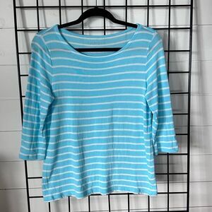 Talbots Petites Boat Neck 3/4 Sleeve Knit Top Womens S Turquoise White Stripe Co